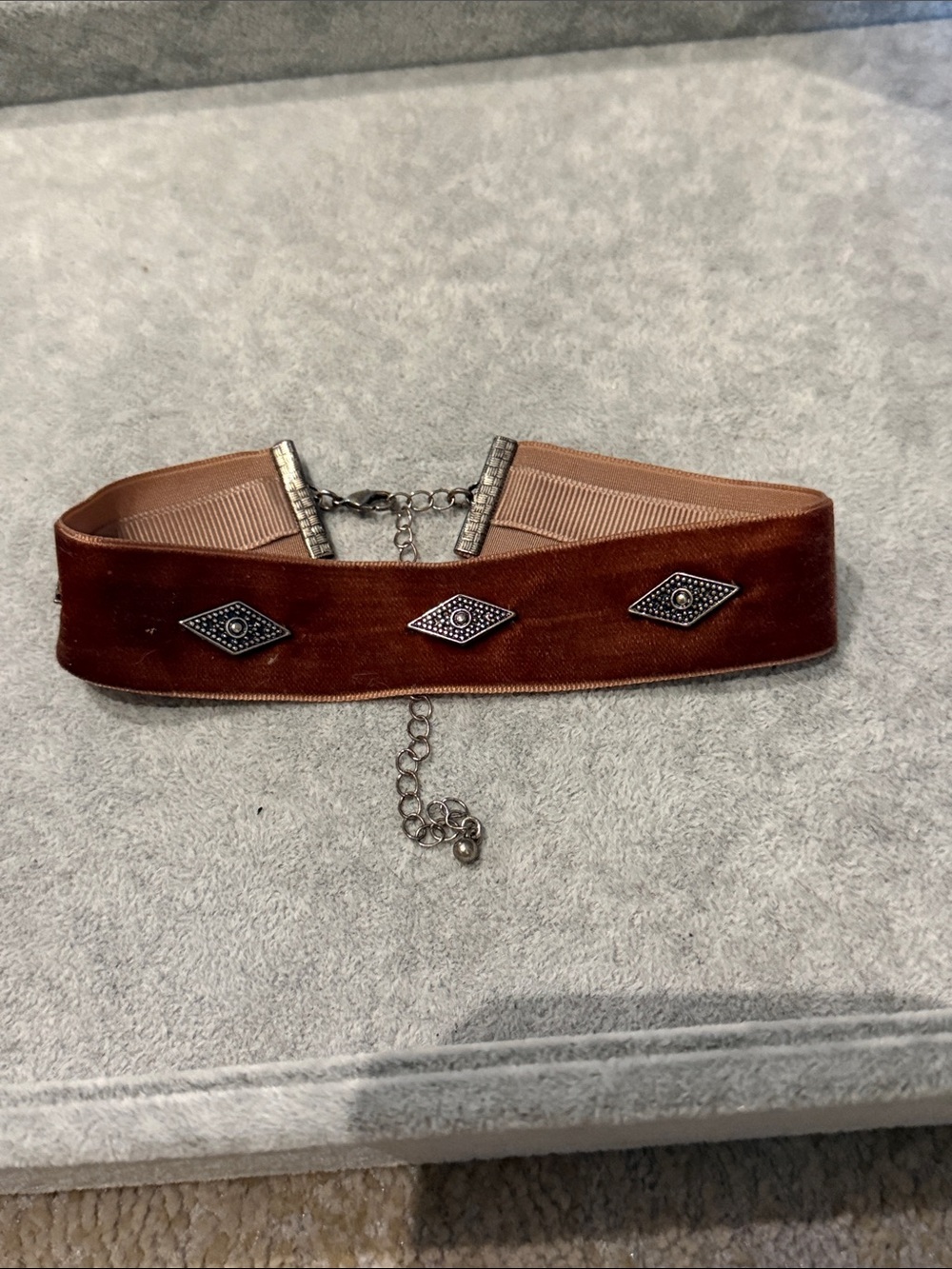 Brown Velvet Choker Necklace with Silver Accents